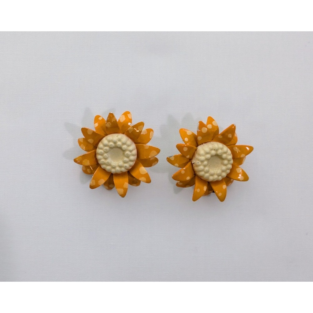Vintage West Germany Enamel Clip On Orange Polka Dot Sunflower Earrings LT96